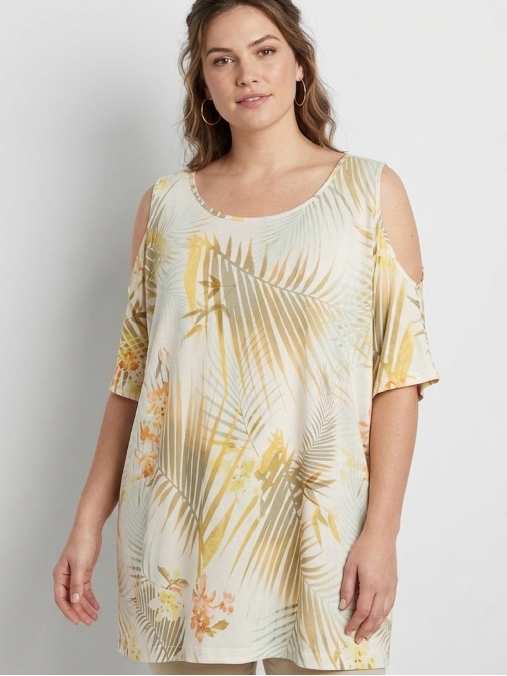 Catherines Tropical Palm Cold Shoulder Knit Blouse Womens Size 1X